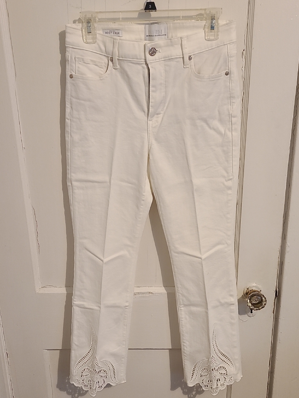 White Women's Boot Crop Jeans with Eyelet Emroidered Hem